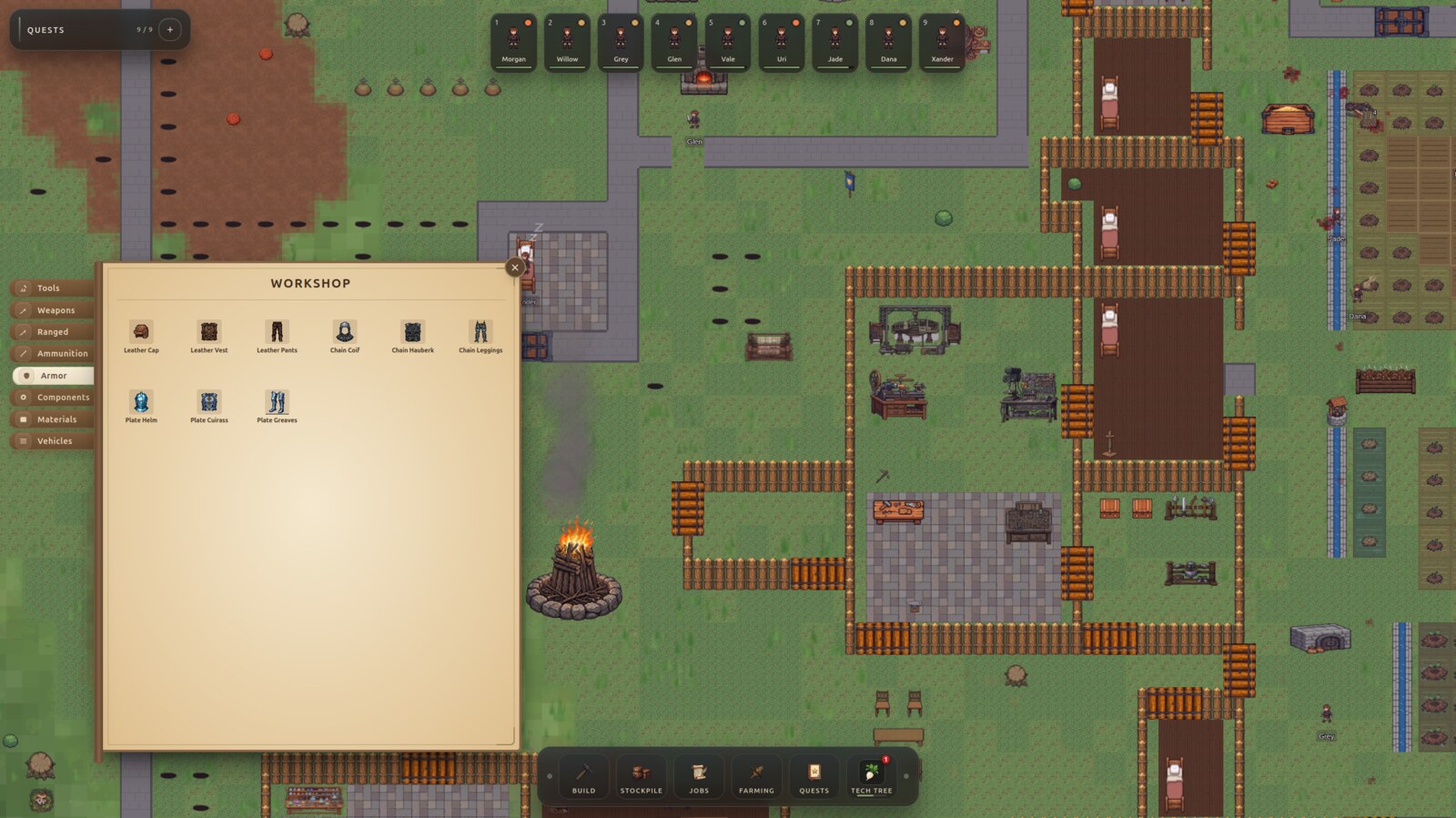 The workshop crafting menu open over an Encamp colony