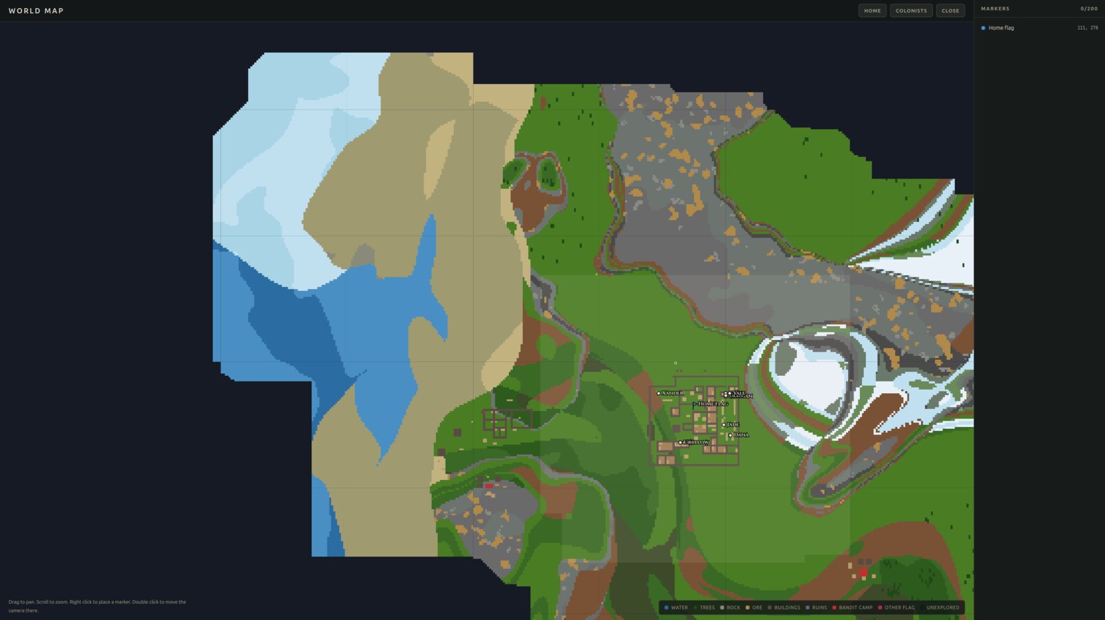 The world map showing explored terrain, the colony with named colonists and a home flag, and unexplored areas in black