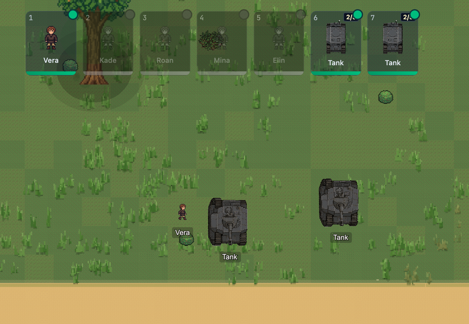 Two tanks parked in a field next to a colonist, both showing crew counts in the colonist bar