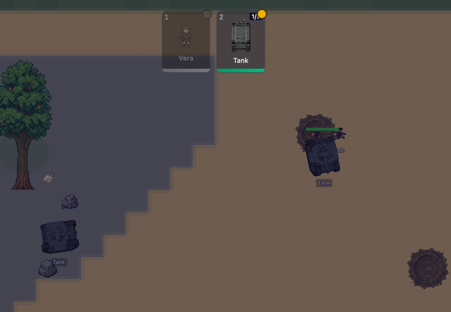 A tank firing in combat near blast craters, with an abandoned tank sitting further away
